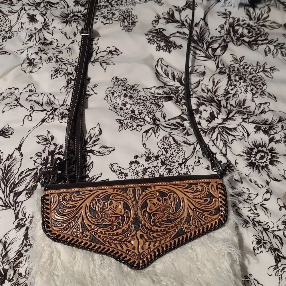 Leather Tooled Brown and Cream Crossbody Bag